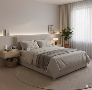 Modern neutral bedroom with soft lighting, organized nightstands, and décor for a calmer sleep space