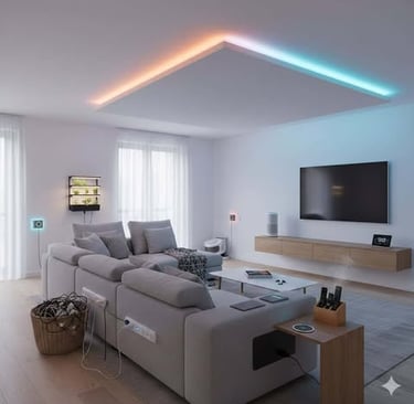 Modern living room with smart lights, smart plugs, and compact tech that makes home life easier