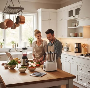 Couple preparing food with modern kitchen gadgets like a blender and processor in a bright kitchen