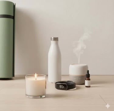 Wellness essentials like a water bottle, yoga mat, candle, tracker, and diffuser in a calm setting