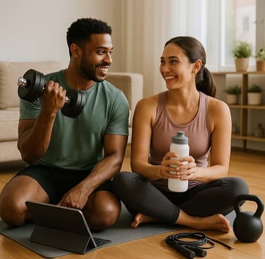 Couple working out at home with dumbbells, yoga mat, water bottle, and kettlebell for daily fitness