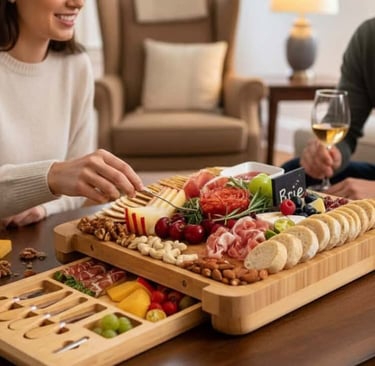 Couple enjoying wine and snacks at home with a multi level charcuterie serving board