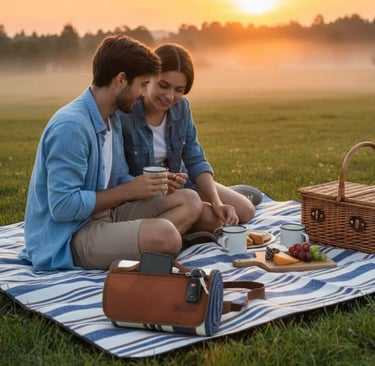 Couple enjoying a picnic with shared gadgets and drinks during a relaxing outdoor moment
