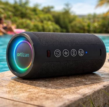 Portable Bluetooth speaker resting poolside for outdoor music and relaxation
