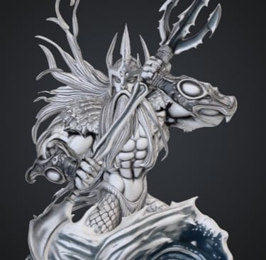 Poseidon miniature bust figurine with trident and ocean waves for tabletop gaming.