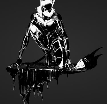 Black and white comic art of Catwoman crouching on a ledge next to Batman's cowl.
