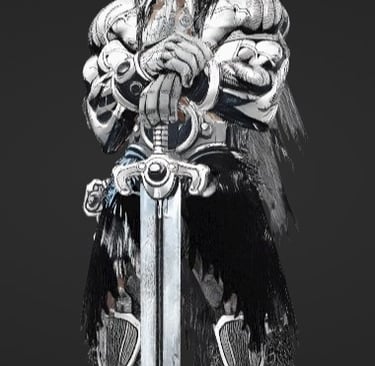Muscular fantasy barbarian warrior in horned helmet and silver armor holding a broadsword.