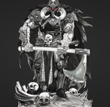 Intricate miniature of a dark fantasy warrior king with a large axe standing on a skull-covered base.
