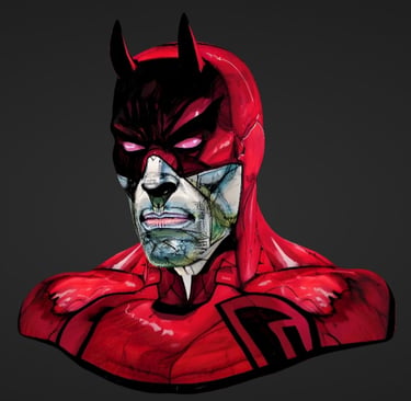 Comic book illustration of Daredevil's red mask and suit with stylized comic shading.