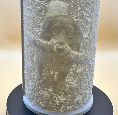 Custom 3D printed lithophane lamp featuring a puppy holding a stick, a unique personalized photo gift.