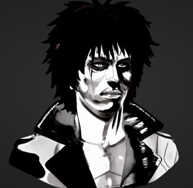 Grayscale digital illustration of a dark gothic man with messy black hair and a leather jacket.