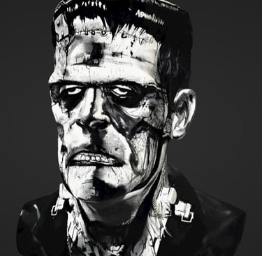 Black and white illustration of Frankenstein's monster featuring neck bolts and forehead scars.