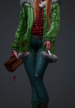 Redheaded female character with white eyes wearing a green parka and smoking a cigarette.