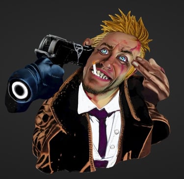 Stylized digital art of John Constantine smoking a cigarette while holding a finger gun to his head.