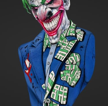 Detailed Joker bust statue featuring green hair and a purple-lined blue suit for comic book fans.