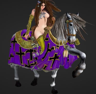 Lady Godiva riding a horse with purple medieval barding and gold cross details.