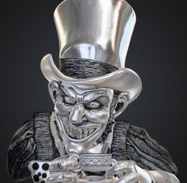 A silver sculpture of a grinning Mad Hatter holding a tea cup and wearing a tall top hat.