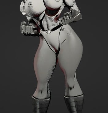 Monochrome 3D digital art of a muscular female fantasy warrior character with stylized proportions.