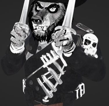 Werewolf pirate bust with tricorne hat and daggers in a black and white fantasy art style.