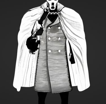 Black and white illustration of a masked phantom character wearing a trench coat, hat, and cape while holding a gun.