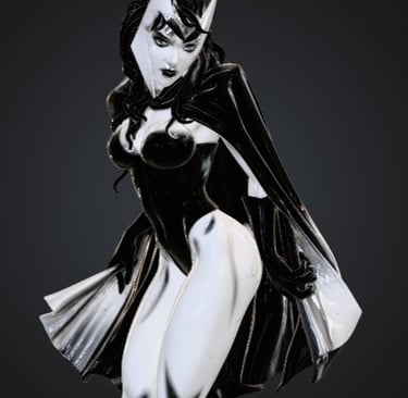 Stylized 3D digital art of a black and white gothic sorceress character with a flowing cape.