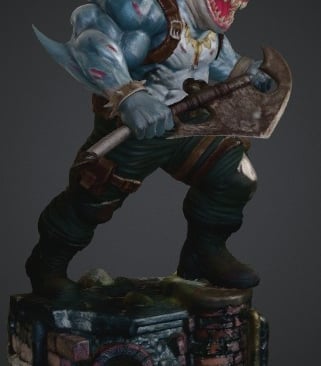 Muscular anthropomorphic shark warrior miniature holding a large axe on a sewer-themed base.