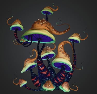 Fantasy 3D model of glowing alien mushrooms with spotted orange caps and bioluminescent purple gills.
