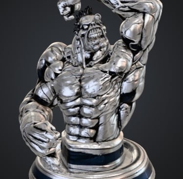 Muscular silver comic book character bust featuring a monstrous cybernetic warrior on a pedestal.