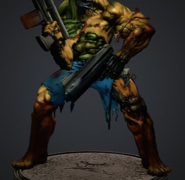 Muscular zombie soldier action figure miniature holding futuristic firearms on a circular display base.