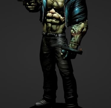 Muscular monster character model in a blue leather jacket holding a futuristic weapon.