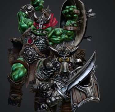 Fantasy miniature sculpture of Raphael as a barbarian warrior fighting alongside Bebop in heavy armor.