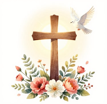 Sunlight streaming through stained glass windows illuminating a serene church interior during service.