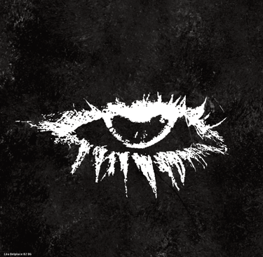 Grungy white charcoal drawing of a human eye on a dark textured black background.