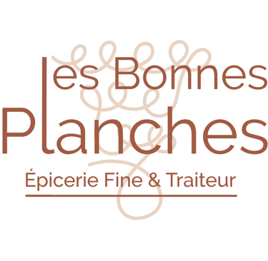 Logo Les Bonnes Planches Épicerie Fine & Traiteur jeu typographique et icône de raisin en arrière