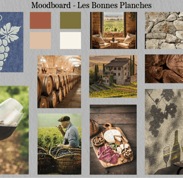 moodboard les bonnes planches. différents éléments visuels créant une ambiance