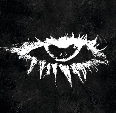 Grungy white charcoal drawing of a human eye on a dark textured black background.