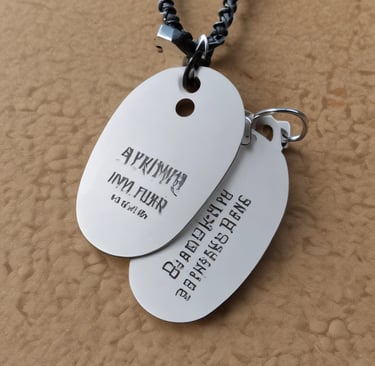 A close-up of a custom engraved metal dog tag with the yeagift logo against a rustic wood background.