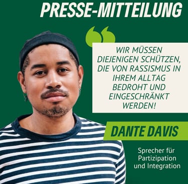 Bild eines Zitats für eine Pressemitteilung, daneben ein Foto von Dante Davies mit ernstem Gesicht.