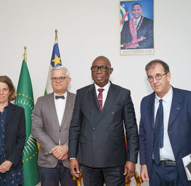 Diplomatic meeting featuring four officials in suits standing before the Central African Republic flag.