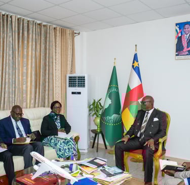 Diplomatic meeting in the Central African Republic with officials seated near national flags and a model airplane.
