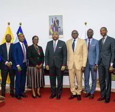 Dignitaries pose for a formal meeting photo in front of the Central African Republic flag.