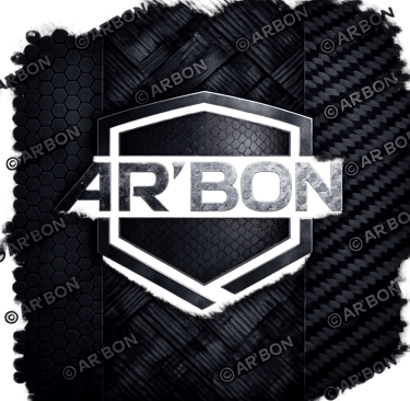 AR'BON logo displayed in a metallic silver finish over a dark, textured carbon fiber background.