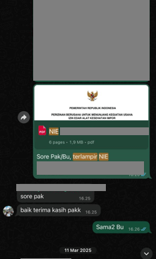 Bukti Chat Real Penerbitan NIE Alkes Melalui WhatsApp"