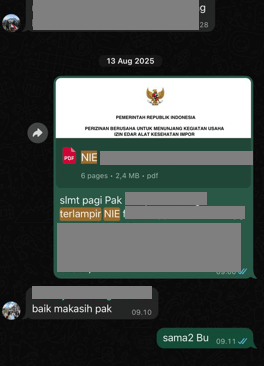 Konfirmasi Pengiriman Dokumen NIE Lewat WhatsApp Messenger