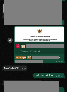 Testimoni Chat Klien Mengenai Jasa NIE PKRT Kemenkes RI