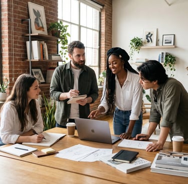 a group of people sitting around a table