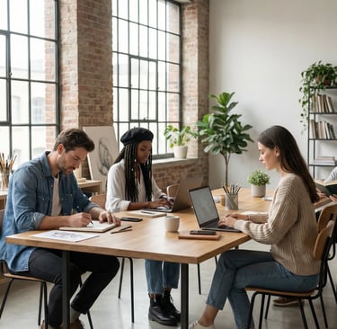 a group of people sitting at a table with laptops