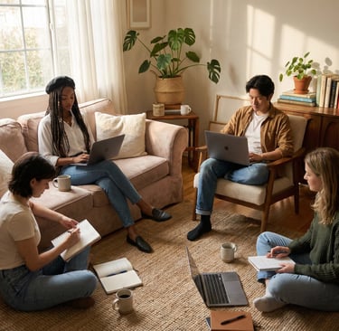 a group of people sitting on couches in a living room