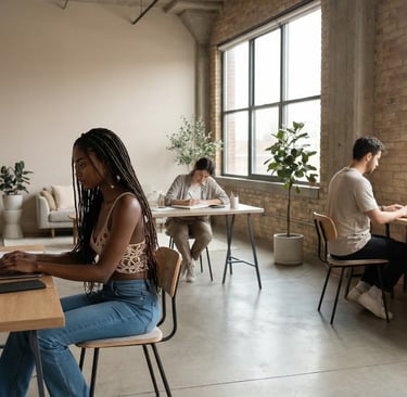 a woman sitting at a table with a laptop and a man in a suit