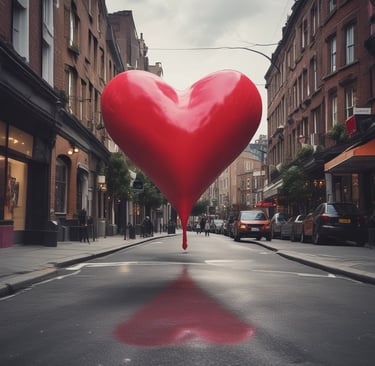 a big love heart floating along a street
